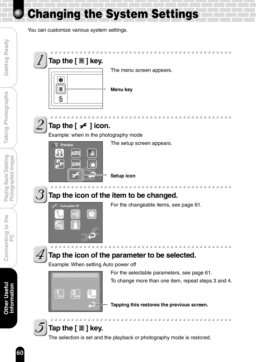 Toshiba PDR-T20 instruction manual Tap the icon of the item to be changed, OtherUseful Information 