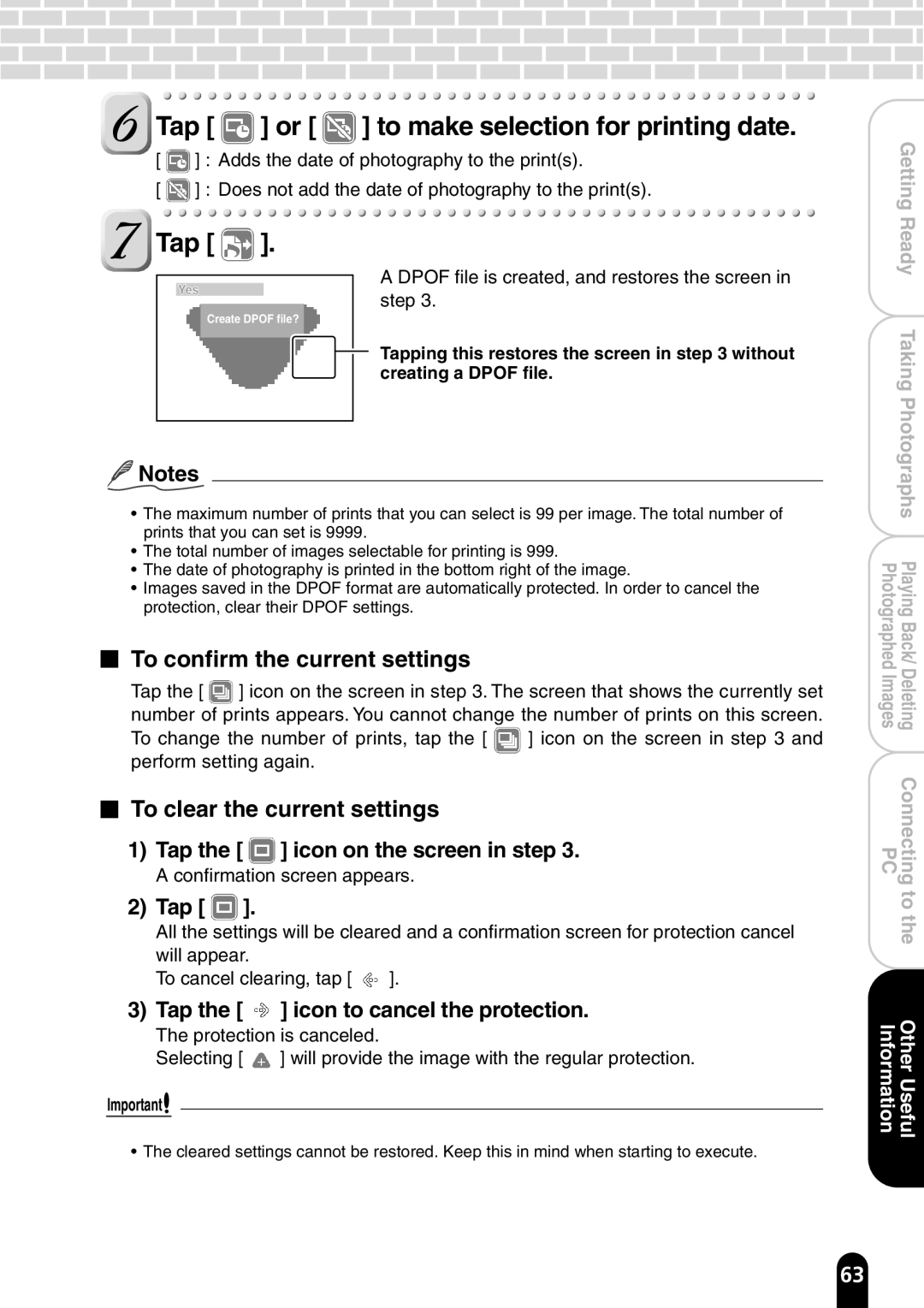 Toshiba PDR-T20 Tap or to make selection for printing date, To confirm the current settings, To clear the current settings 