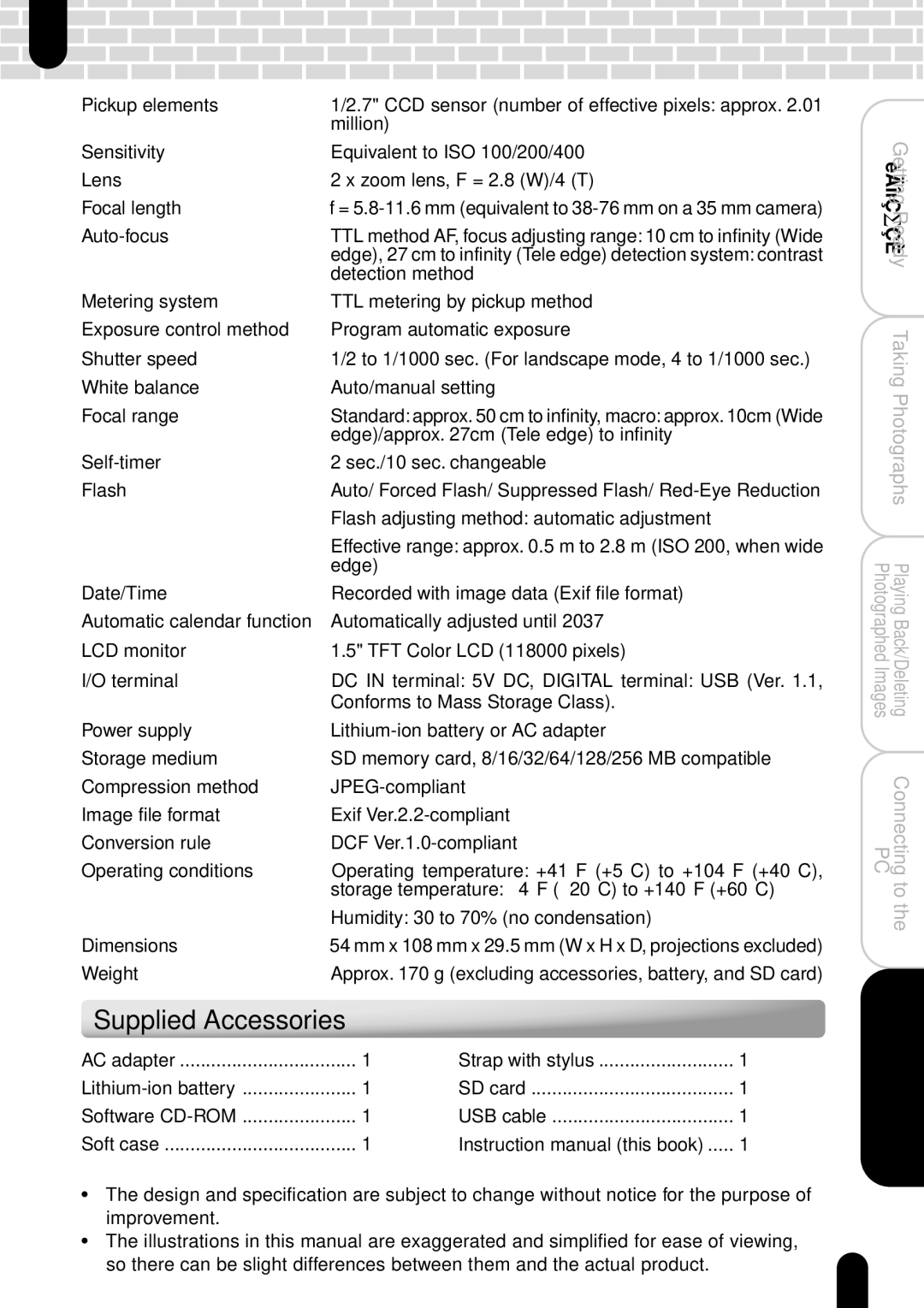 Toshiba PDR-T20 instruction manual Supplied Accessories, Other Useful Information 