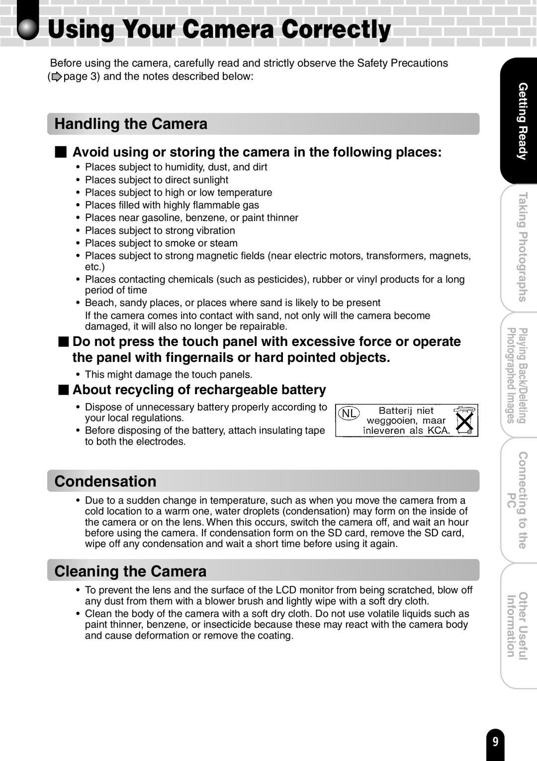 Toshiba PDR-T20 Handling the Camera, Condensation, Cleaning the Camera, About recycling of rechargeable battery 