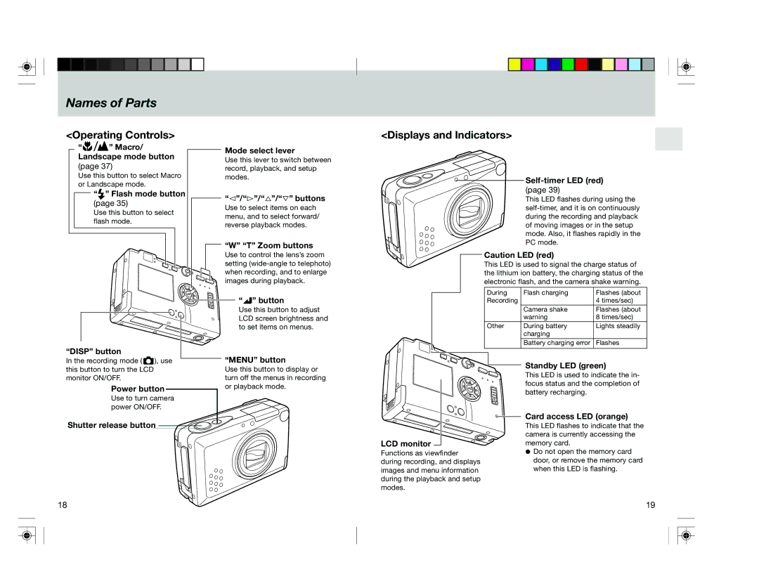 Toshiba pmn Macro/ Landscape mode button, Flash mode button, Disp button Mode select lever, @/#/%/ﬁ buttons, Zoom buttons 