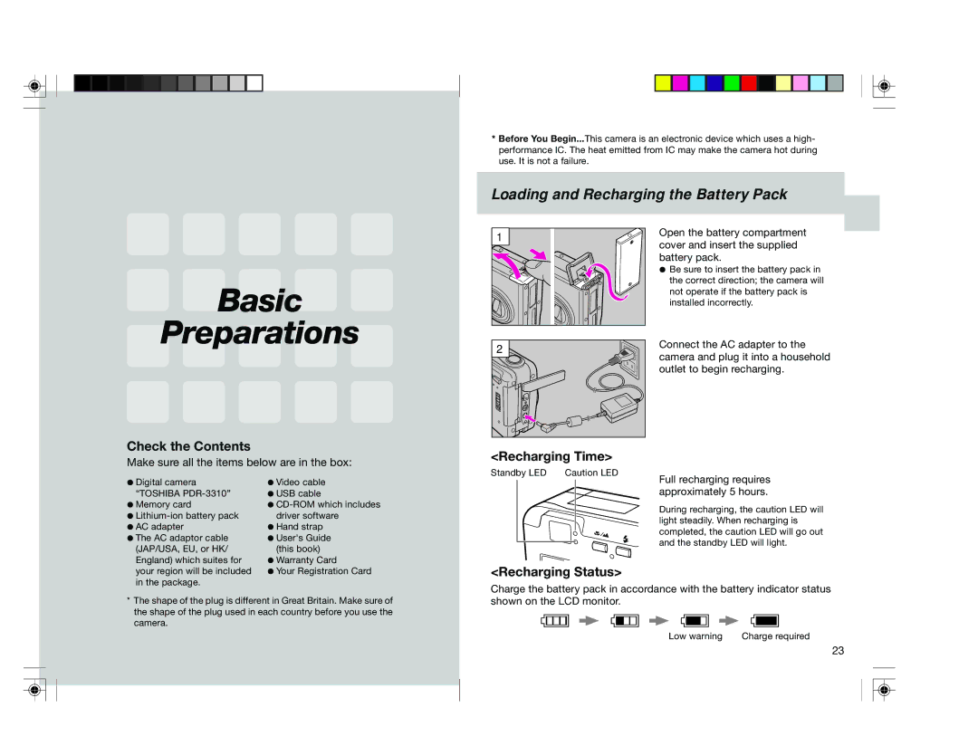 Toshiba pmn user manual Basic Preparations, Loading and Recharging the Battery Pack, Check the Contents, Recharging Time 