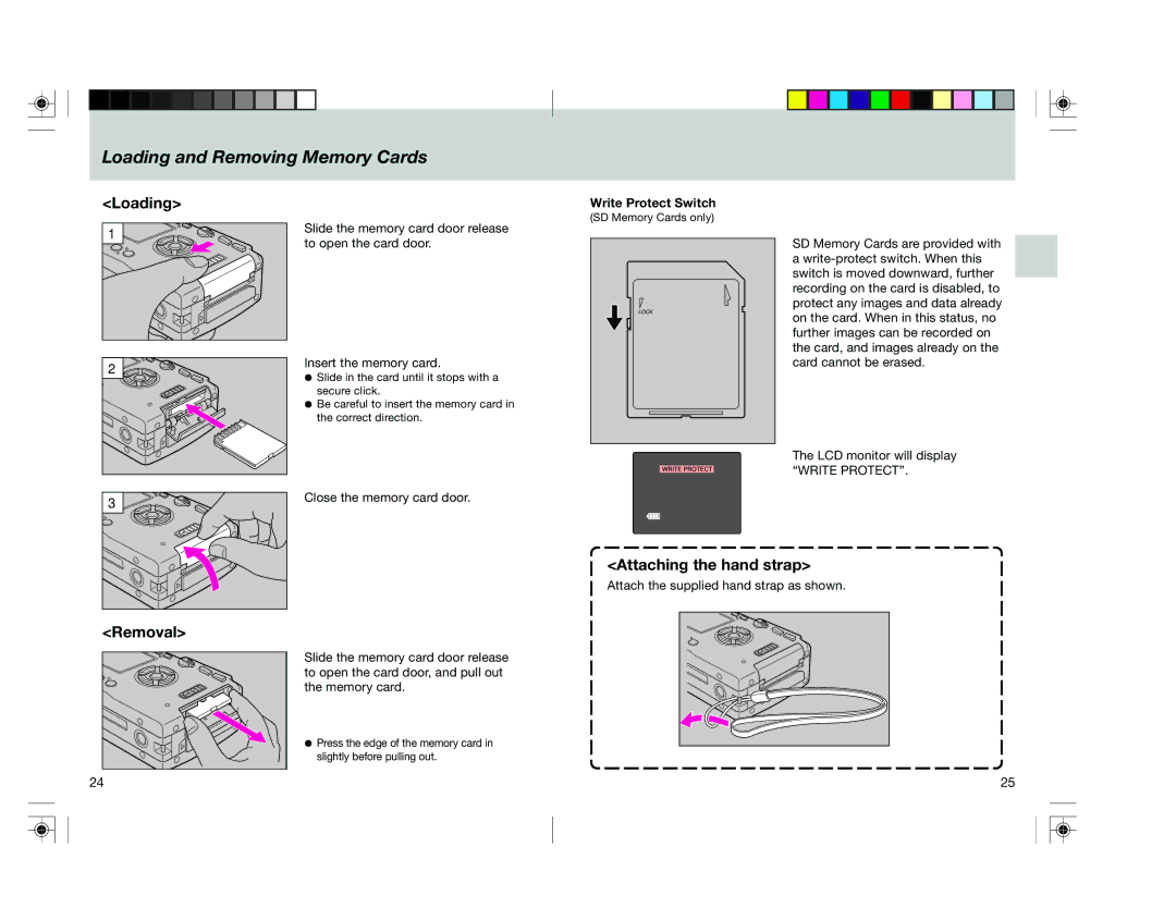 Toshiba pmn user manual Loading and Removing Memory Cards, Removal, Attaching the hand strap, Write Protect Switch 