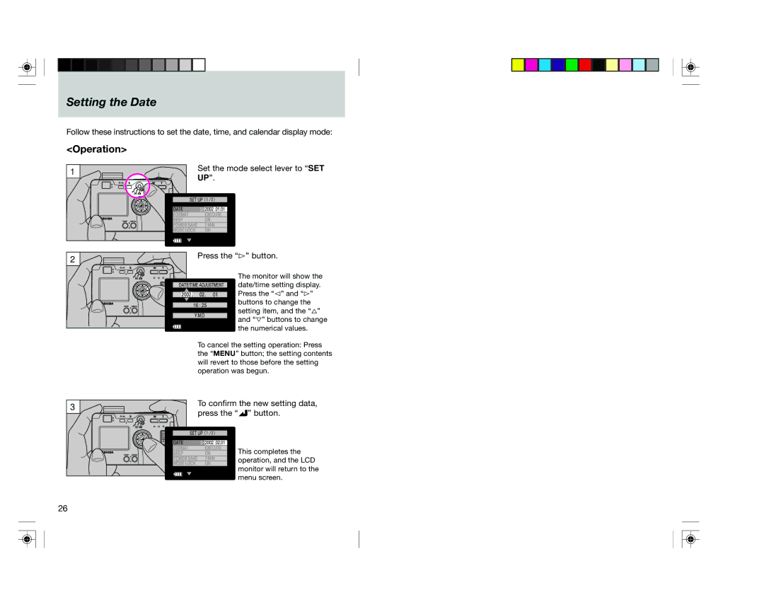 Toshiba pmn user manual Setting the Date, Set the mode select lever to SET, Press the # button 