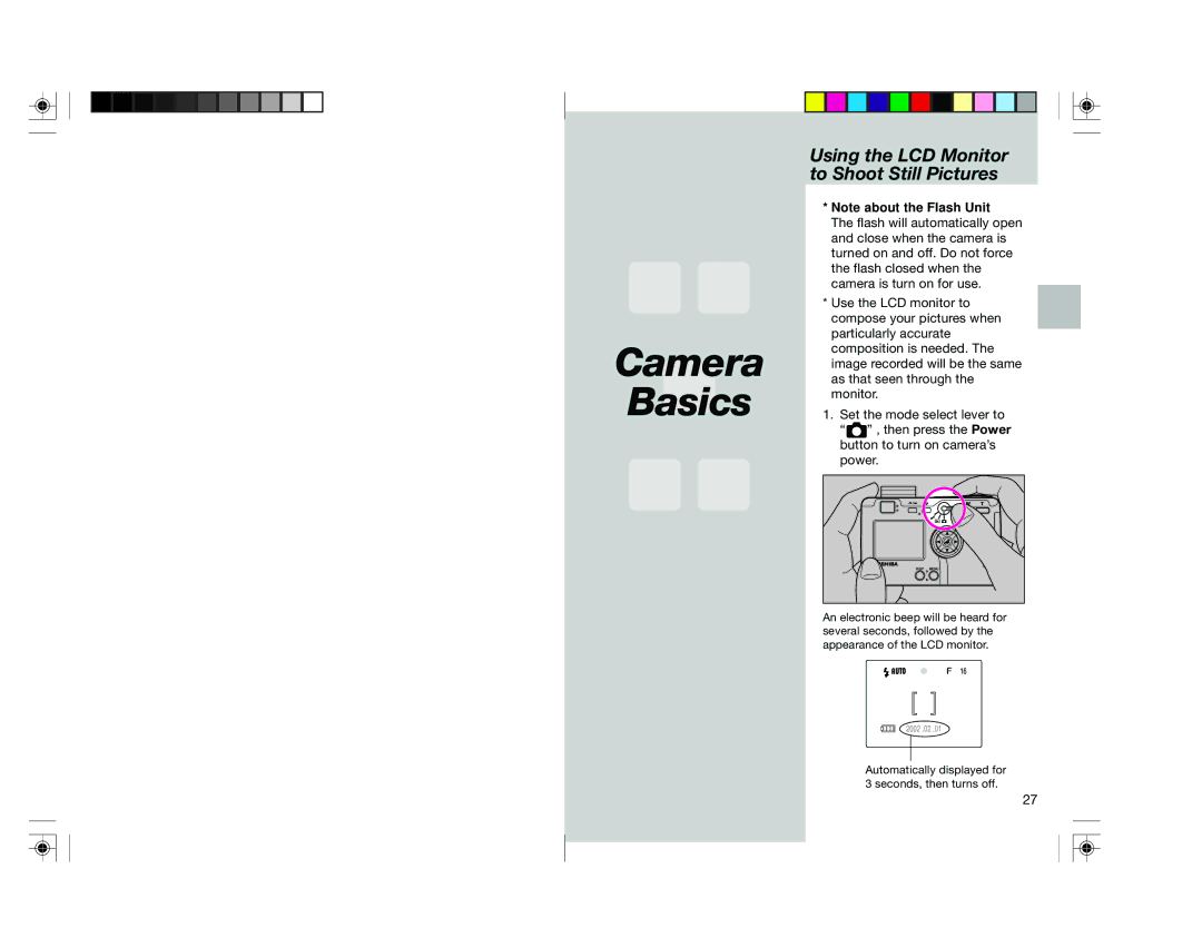 Toshiba pmn user manual Camera Basics, Using the LCD Monitor to Shoot Still Pictures 