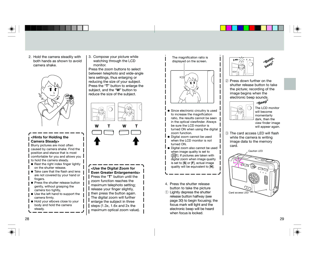 Toshiba pmn user manual Beep, Hints for Holding the Camera Steady, Use the Digital Zoom for Even Greater Enlargements 