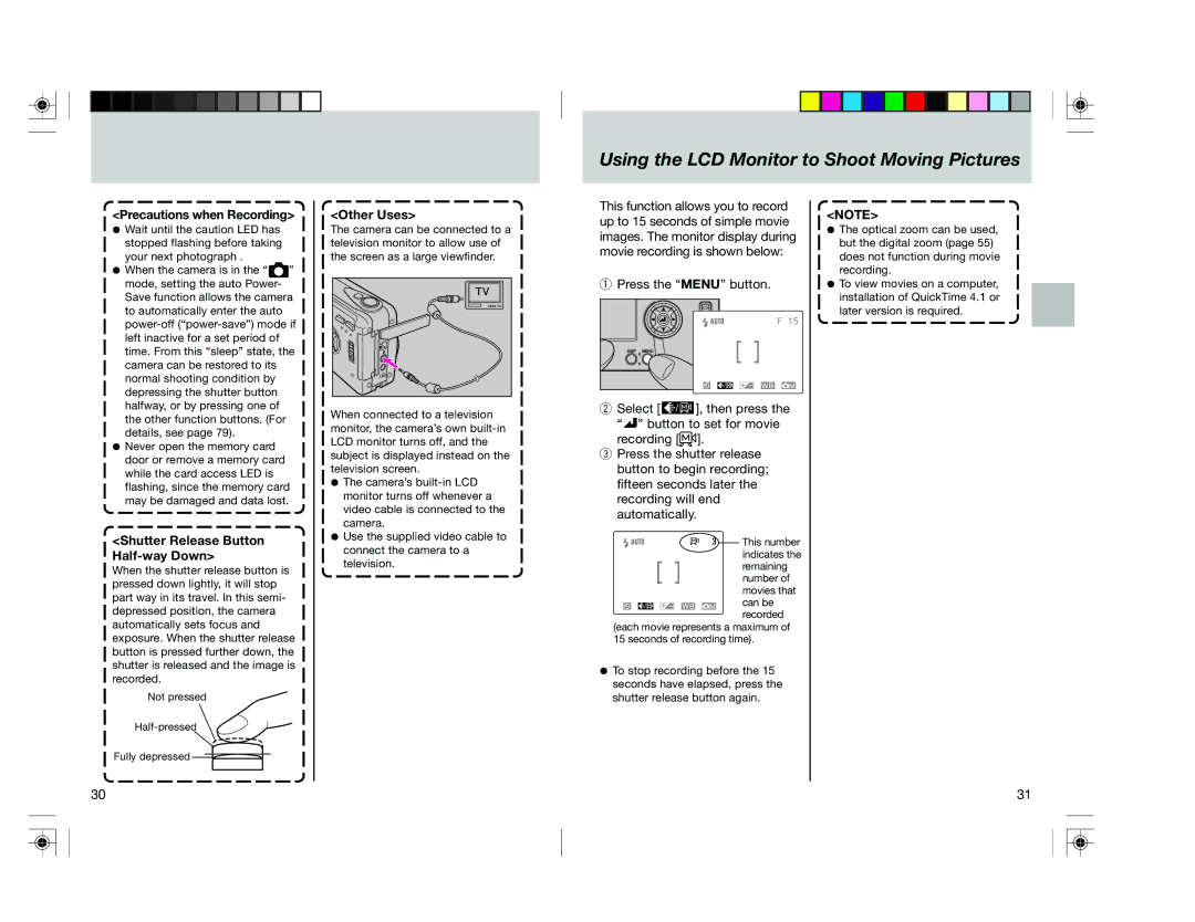 Toshiba pmn user manual Using the LCD Monitor to Shoot Moving Pictures, Precautions when Recording, Other Uses 