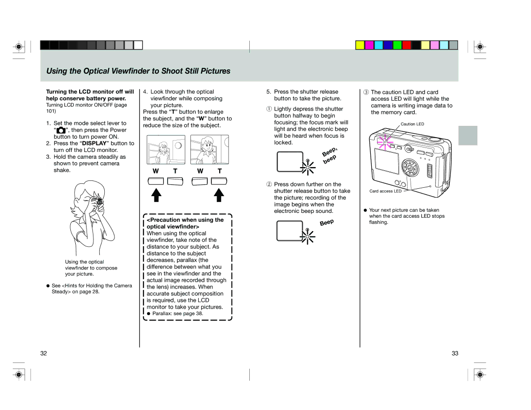 Toshiba pmn user manual Using the Optical Viewfinder to Shoot Still Pictures, Precaution when using the optical viewfinder 