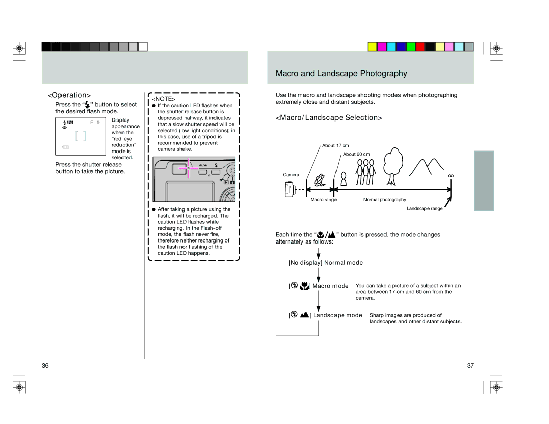 Toshiba pmn user manual Macro and Landscape Photography, Operation, Macro/Landscape Selection, No display Normal mode 