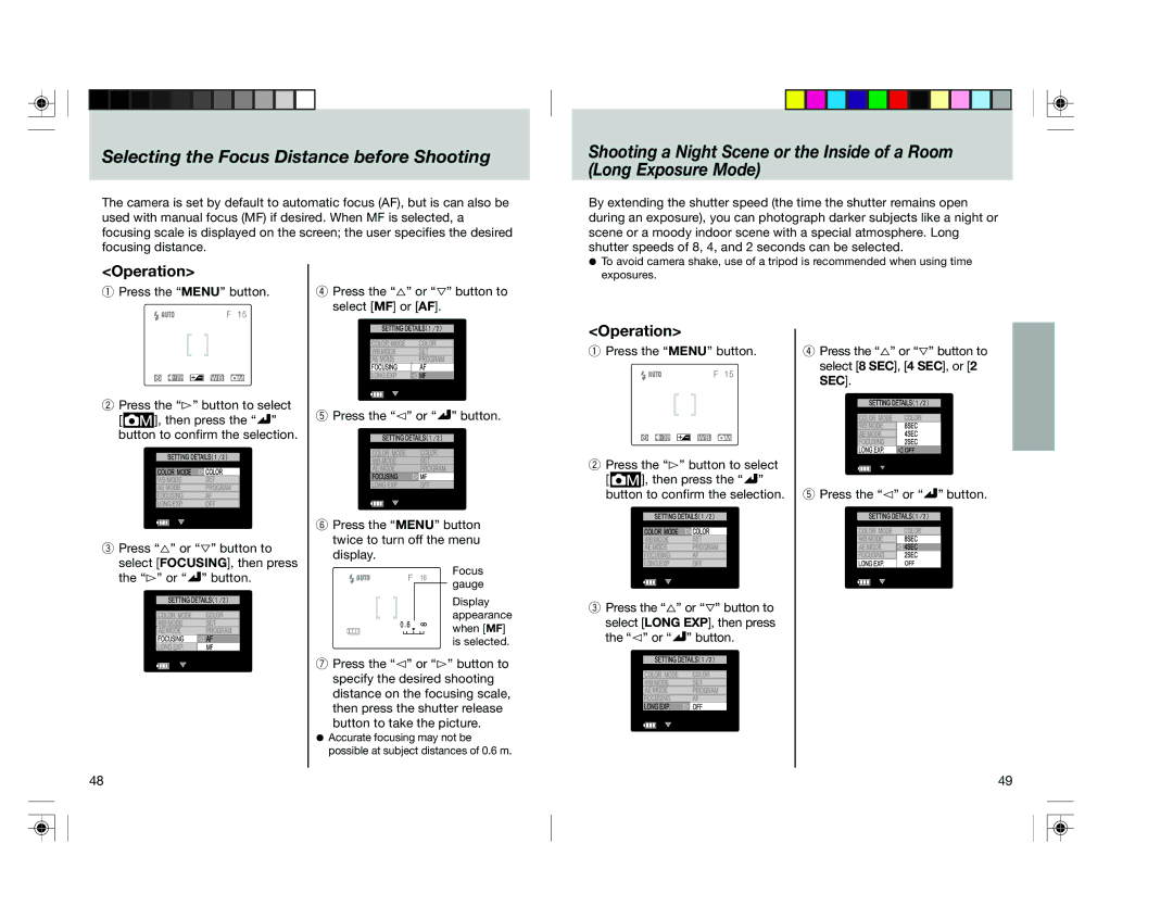 Toshiba pmn user manual Selecting the Focus Distance before Shooting 