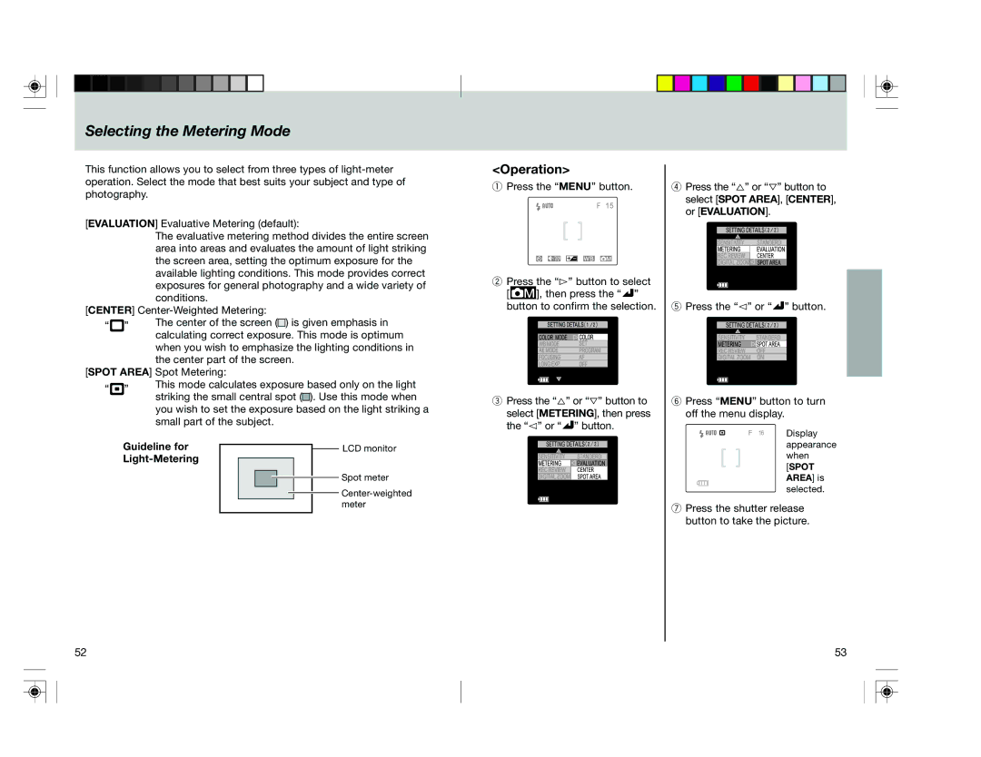 Toshiba pmn user manual Selecting the Metering Mode, Guideline for Light-Metering 