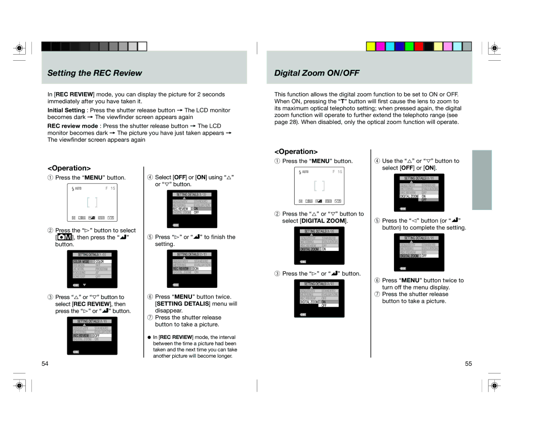 Toshiba pmn user manual Setting the REC Review Digital Zoom ON/OFF, Select Digital Zoom 