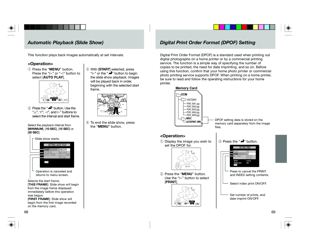 Toshiba pmn Automatic Playback Slide Show, Digital Print Order Format Dpof Setting, To end the slide show, press 