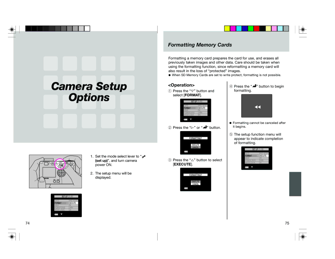 Toshiba pmn user manual Camera Setup Options, Formatting Memory Cards 