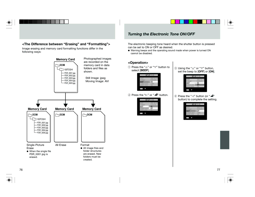 Toshiba pmn Turning the Electronic Tone ON/OFF, Difference between Erasing and Formatting, All Erase Format Single-Picture 