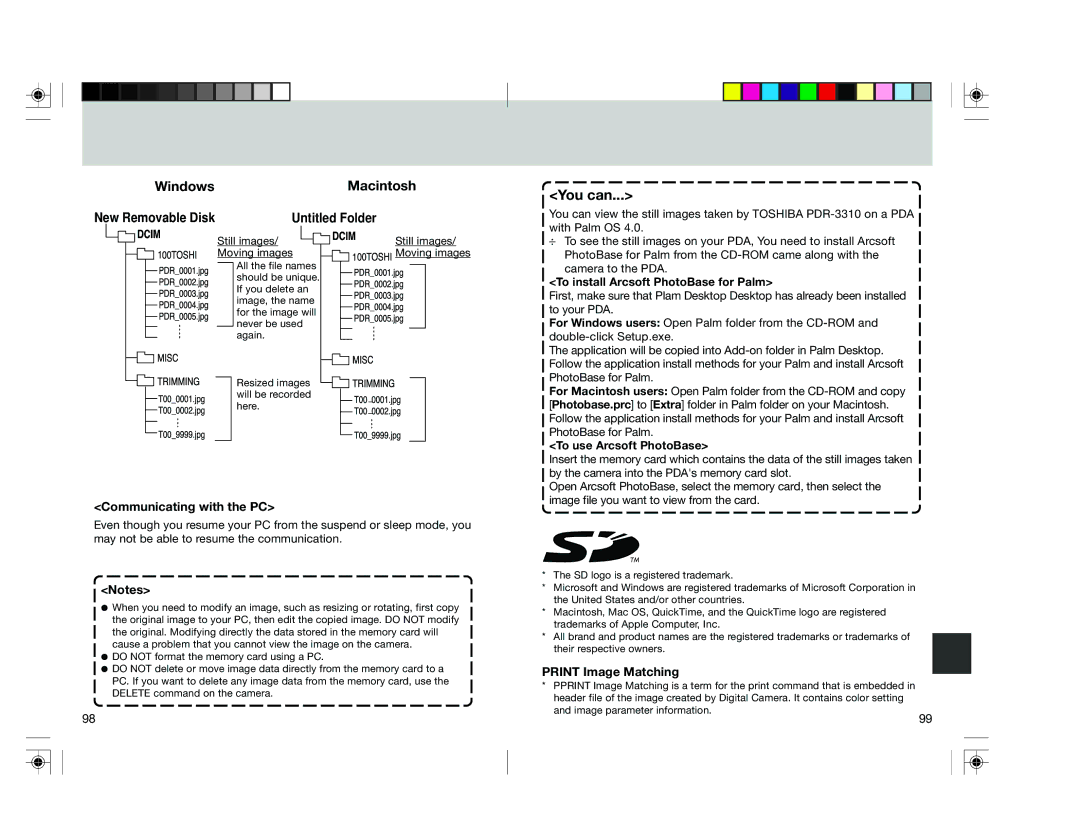 Toshiba pmn You can, Still images Moving images, To install Arcsoft PhotoBase for Palm, To use Arcsoft PhotoBase 