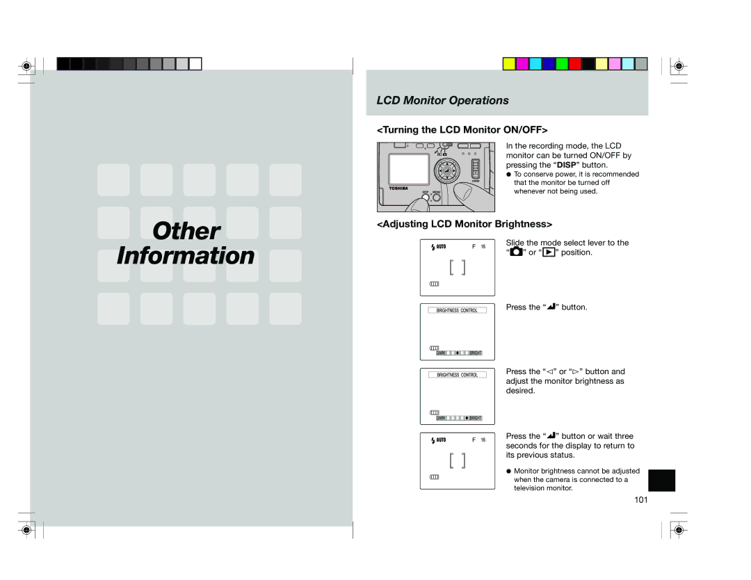 Toshiba pmn Other Information, LCD Monitor Operations, Turning the LCD Monitor ON/OFF, Adjusting LCD Monitor Brightness 