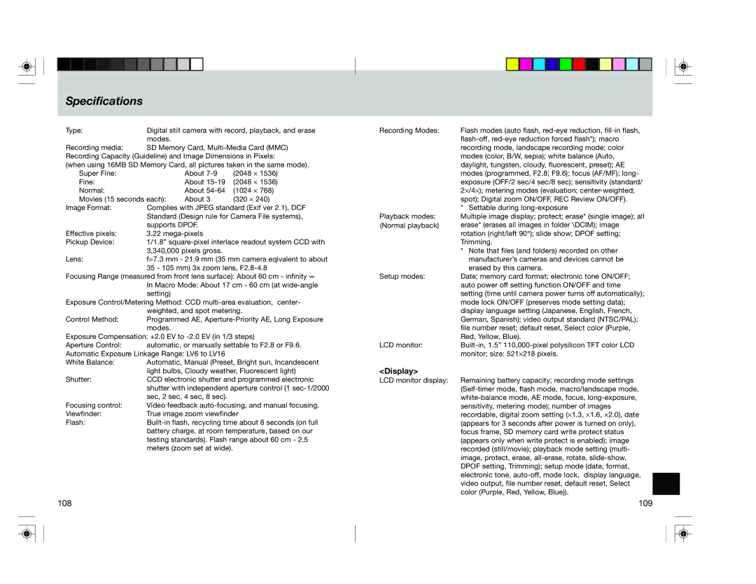 Toshiba pmn user manual Specifications, Display 