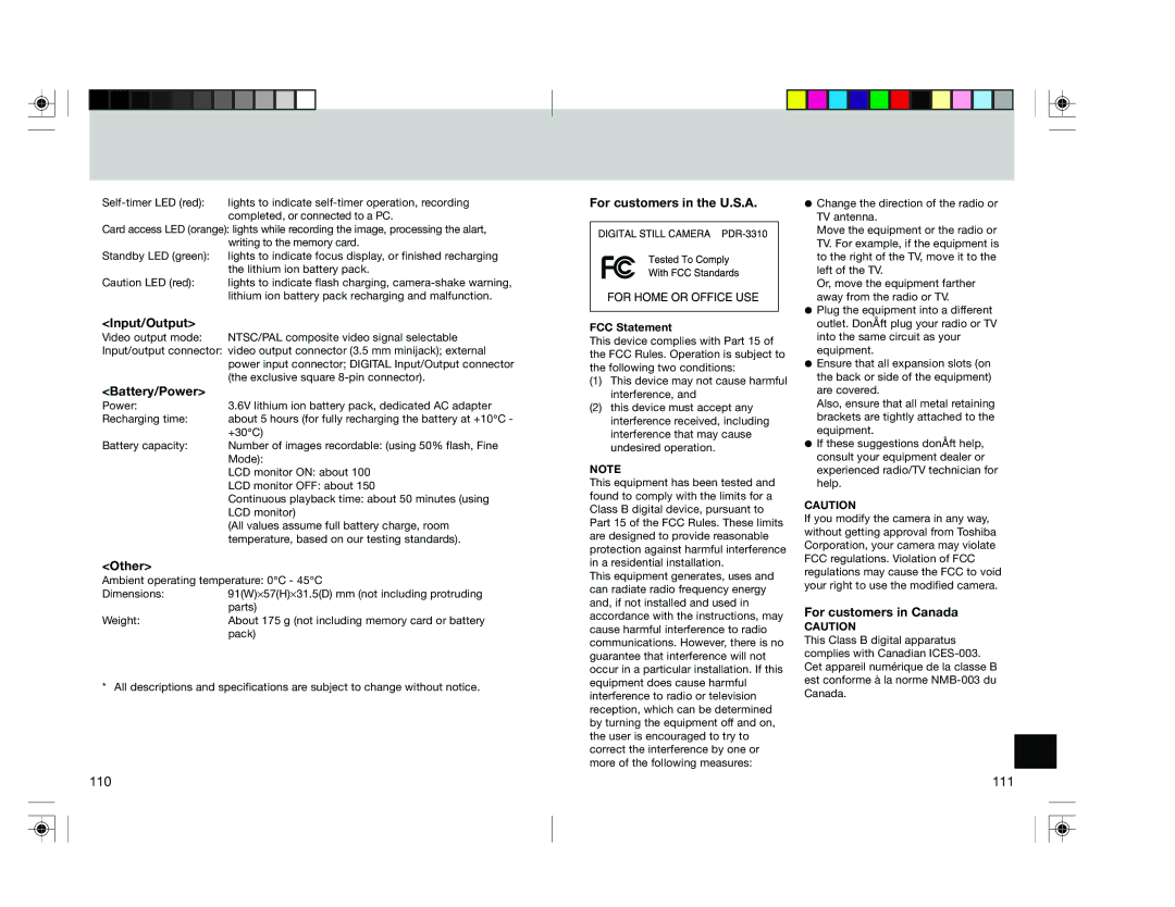 Toshiba pmn user manual Input/Output, Battery/Power, For customers in the U.S.A, For customers in Canada, 110 