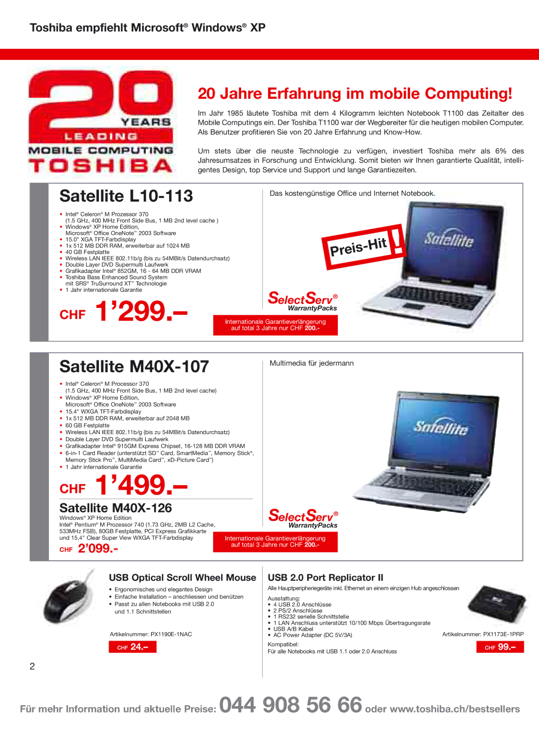 Toshiba Portg R200 manual CHF 1’299, CHF 1’499, Satellite L10-113, Satellite M40X-107, Jahre Erfahrung im mobile Computing 