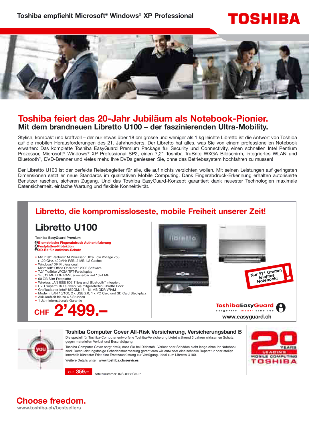 Toshiba Portg R200 manual CHF 2’499, Libretto U100, Toshiba feiert das 20-Jahr Jubiläum als Notebook-Pionier 
