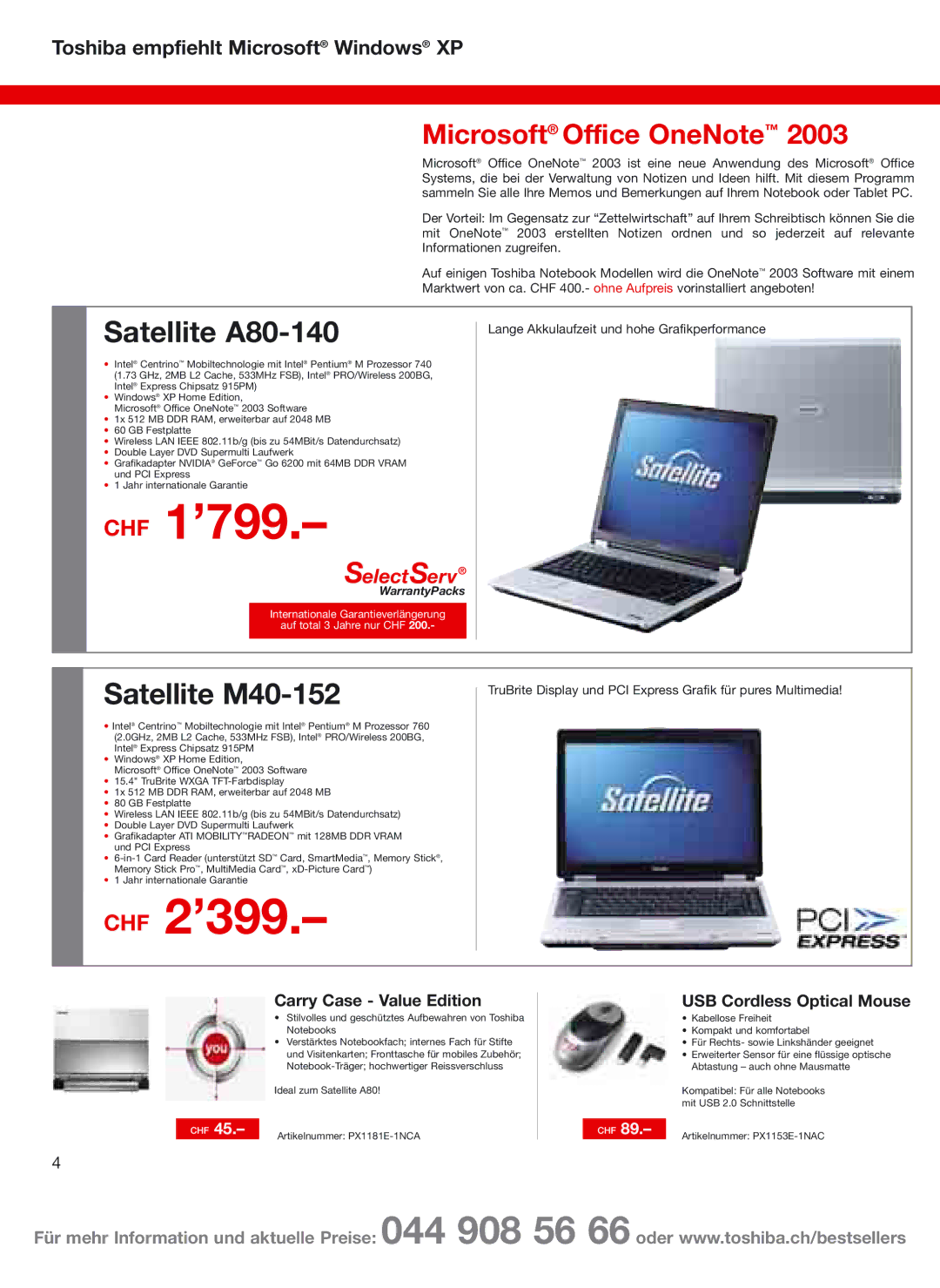 Toshiba Portg R200 manual CHF 1’799, CHF 2’399, Satellite A80-140, Satellite M40-152, Microsoft Office OneNote 