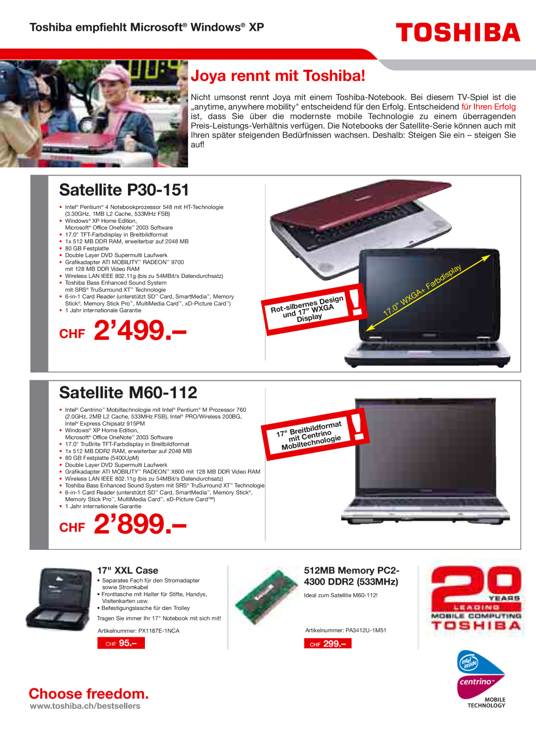 Toshiba Portg R200 manual CHF 2’899, Satellite P30-151, Satellite M60-112, Joya rennt mit Toshiba 