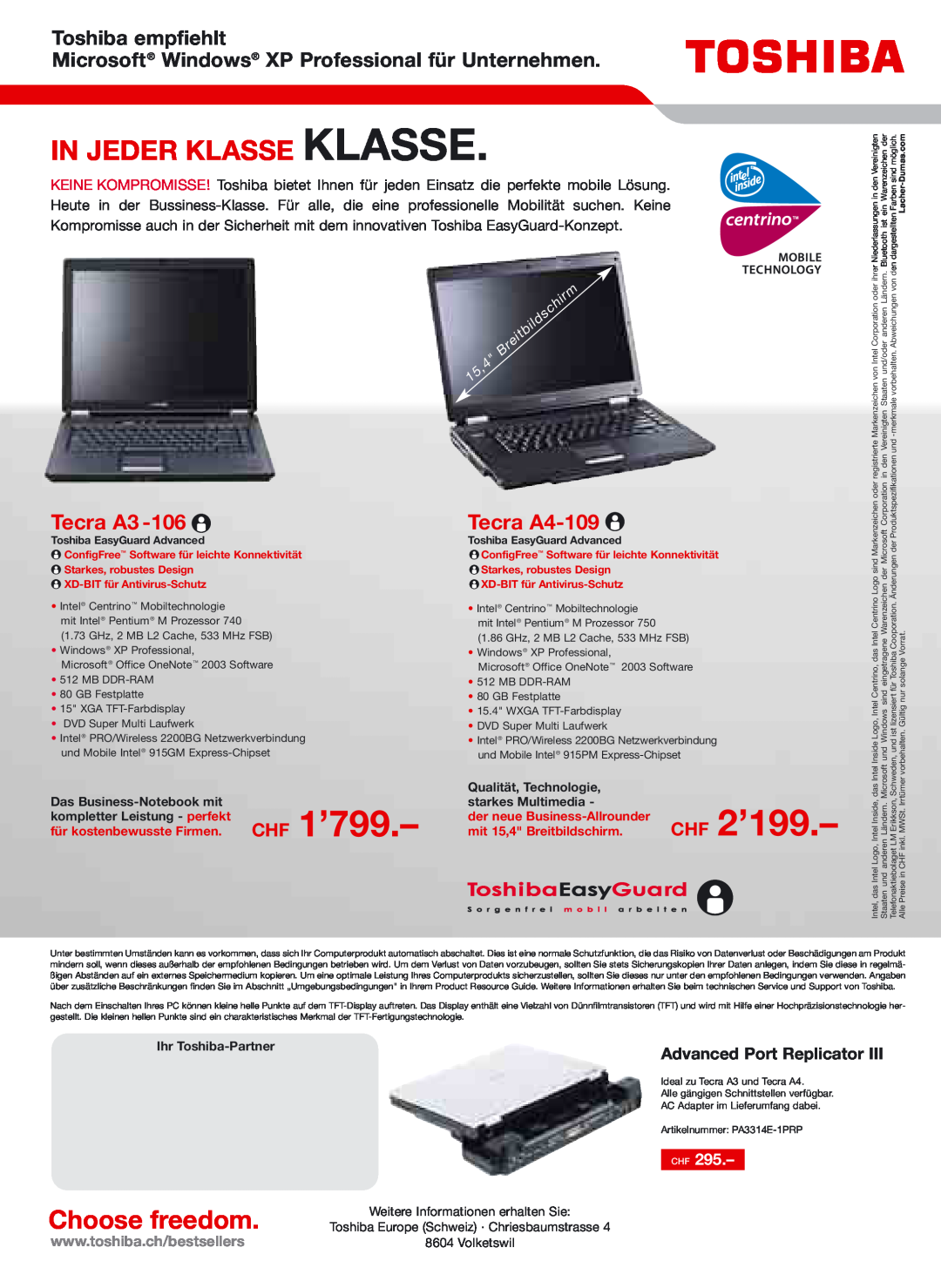 Toshiba Portg R200 CHF 2’199, In Jeder Klasse Klasse, Toshiba empfiehlt Microsoft Windows XP Professional für Unternehmen 