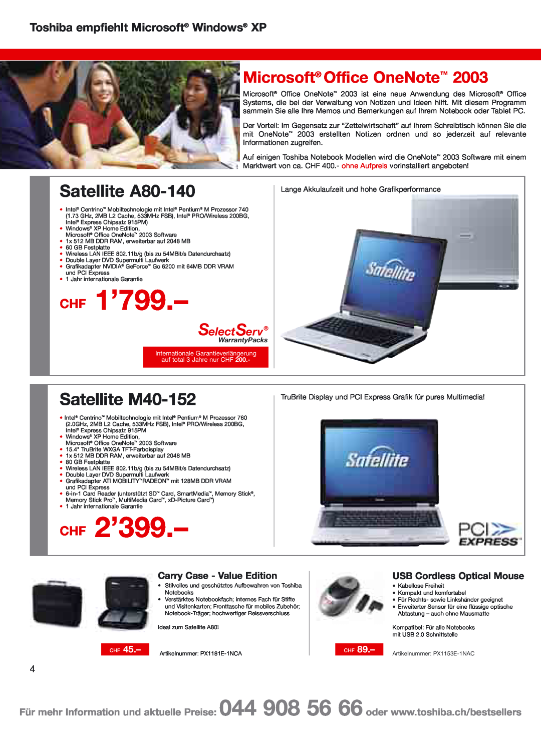 Toshiba Portg R200 manual CHF 1’799, CHF 2’399, Satellite A80-140, Satellite M40-152, Microsoft Office OneNote, SelectServ 