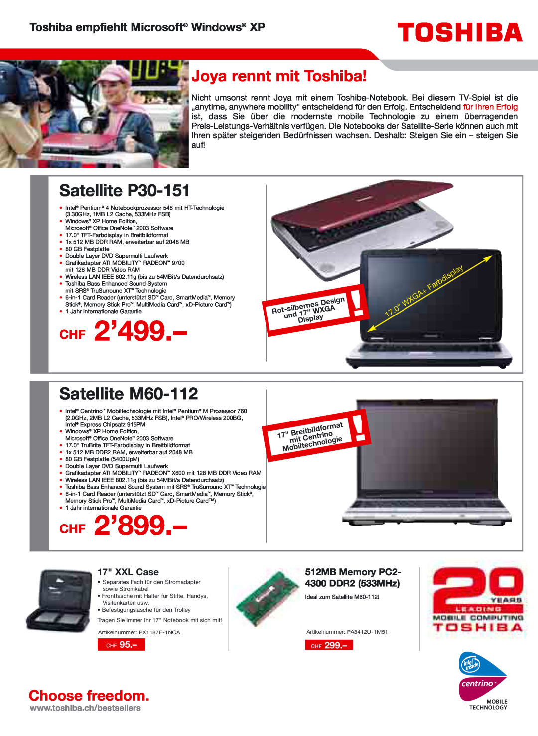 Toshiba Portg R200 CHF 2’899, Satellite P30-151, Satellite M60-112, Joya rennt mit Toshiba, XXL Case, CHF 2’499, Design 