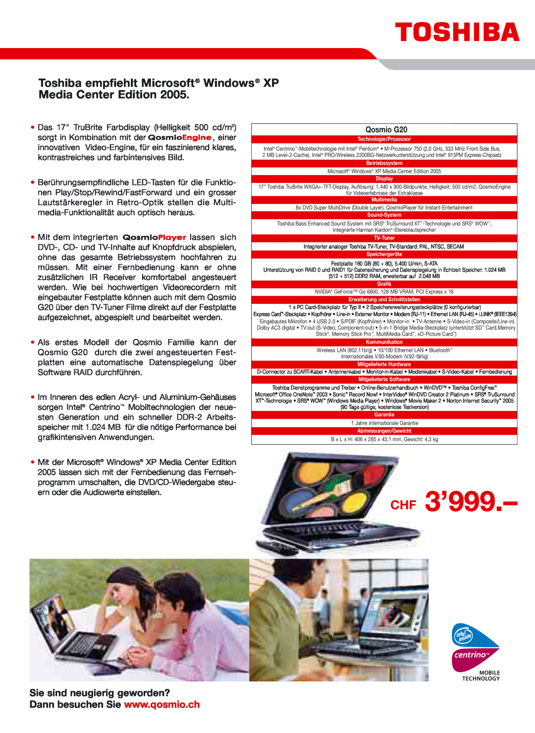 Toshiba Portg R200 manual Qosmio G20, CHF 3’999, Toshiba empfiehlt Microsoft Windows XP Media Center Edition 