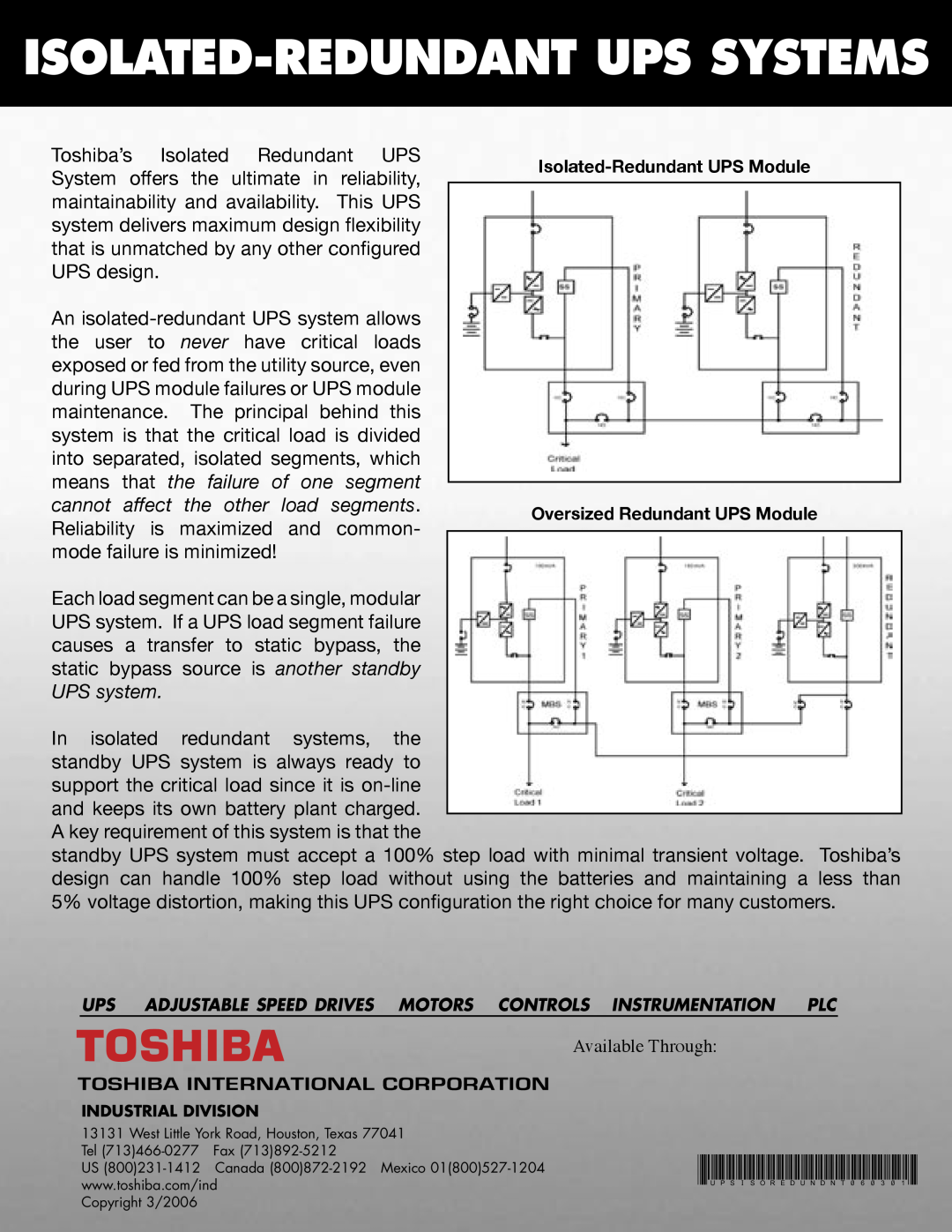 Toshiba Power Supply manual Isolated-Redundant Ups Systems, Available Through 