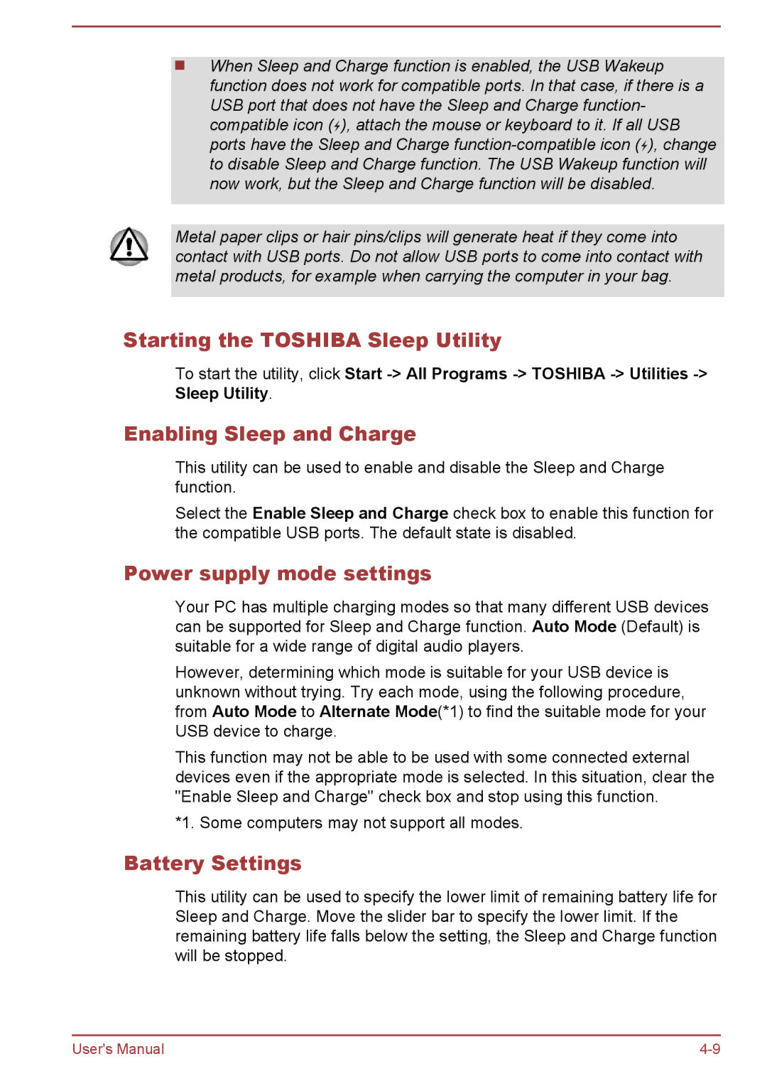 Toshiba C675D Starting the Toshiba Sleep Utility, Enabling Sleep and Charge, Power supply mode settings, Battery Settings 