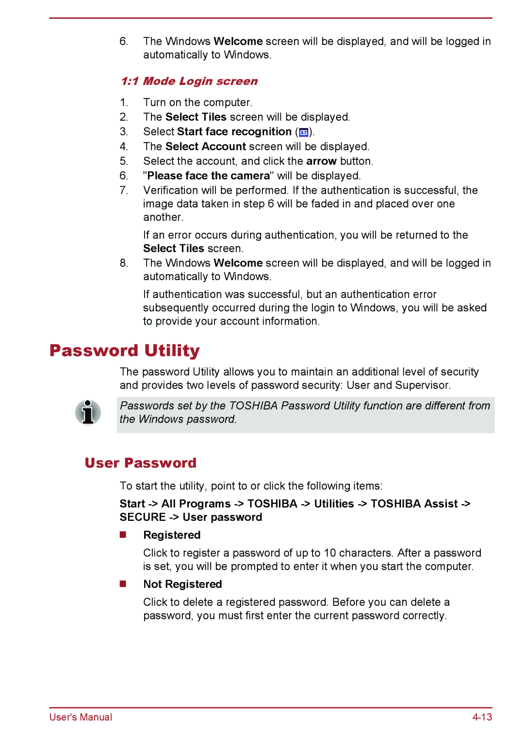 Toshiba Pro C470D, L775D Password Utility, User Password, Mode Login screen, Select Start face recognition, Not Registered 