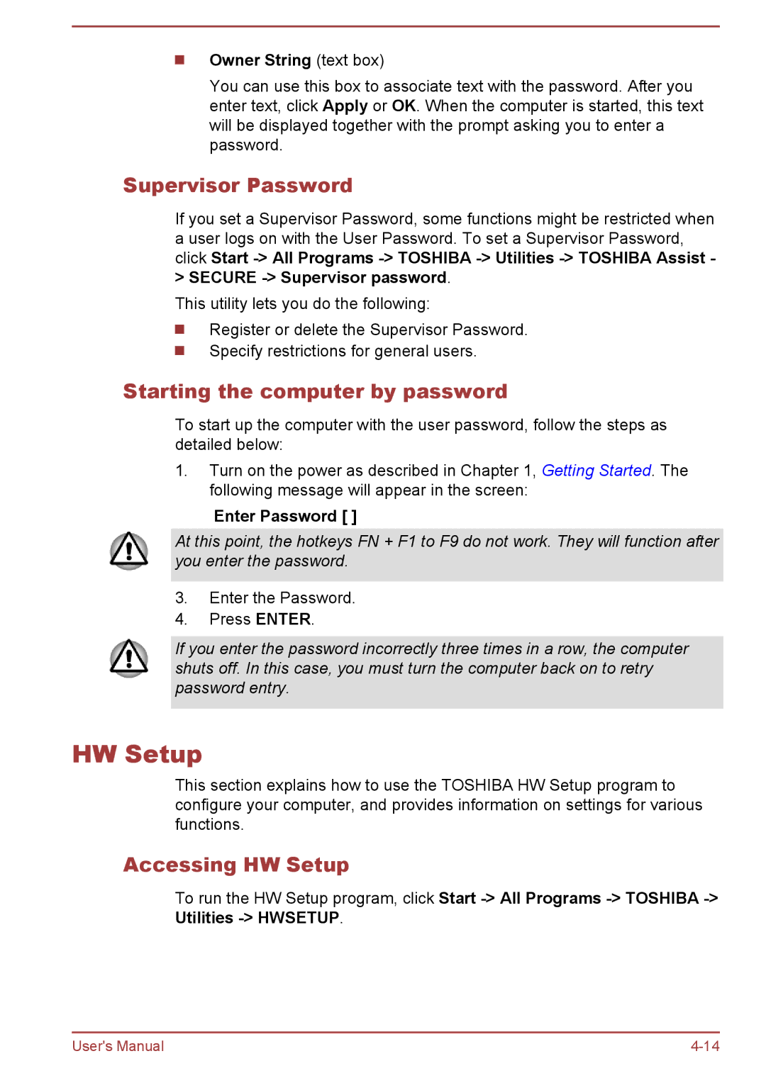 Toshiba Pro L770D, Pro C470D, Pro L775D, C670 Supervisor Password, Starting the computer by password, Accessing HW Setup 