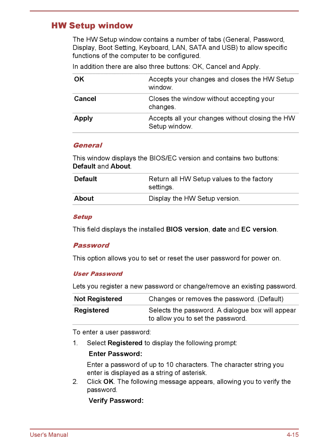 Toshiba Pro L775D, Pro C470D, Pro L770D, Pro C670, Pro C676, C675D, C670D user manual HW Setup window, General, Password 