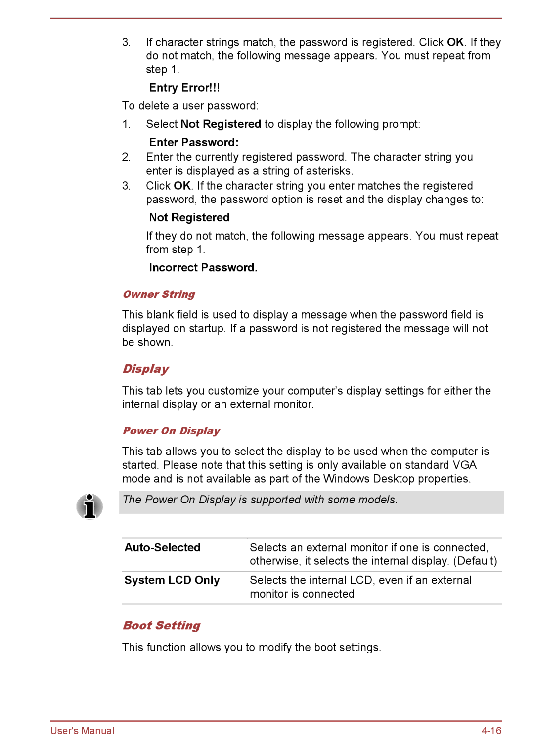 Toshiba Pro C470D, Pro L770D, Pro L775D, Pro C670, Pro C676, C675D, C670D user manual Display, Boot Setting 