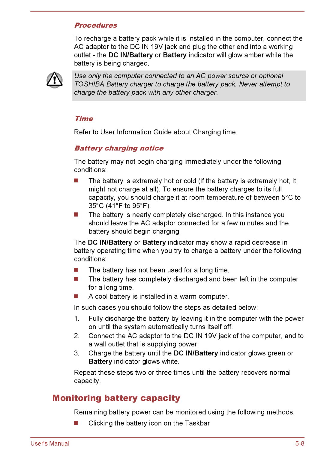 Toshiba Pro C470D, Pro L770D, Pro L775D, Pro C670 Monitoring battery capacity, Procedures, Time, Battery charging notice 