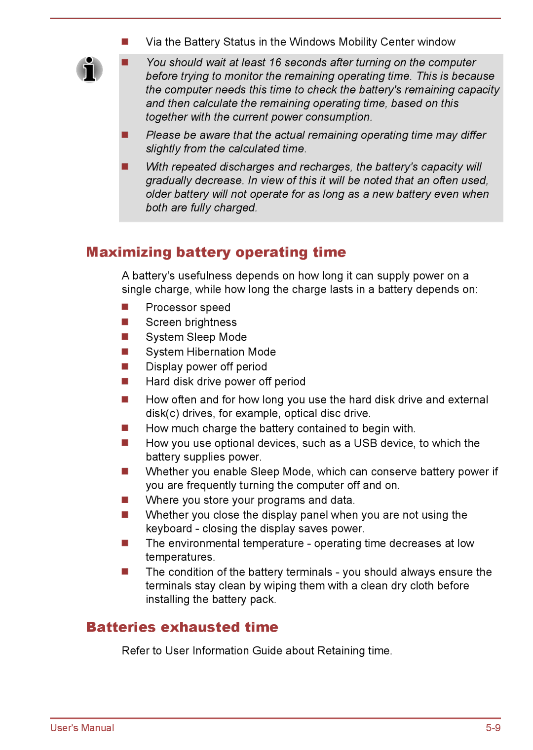 Toshiba Pro C670, Pro C470D, Pro L770D, Pro L775D, Pro C676, C675D Maximizing battery operating time, Batteries exhausted time 