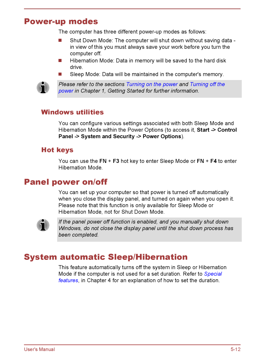 Toshiba L775, Pro L770 Power-up modes, Panel power on/off, System automatic Sleep/Hibernation, Windows utilities, Hot keys 