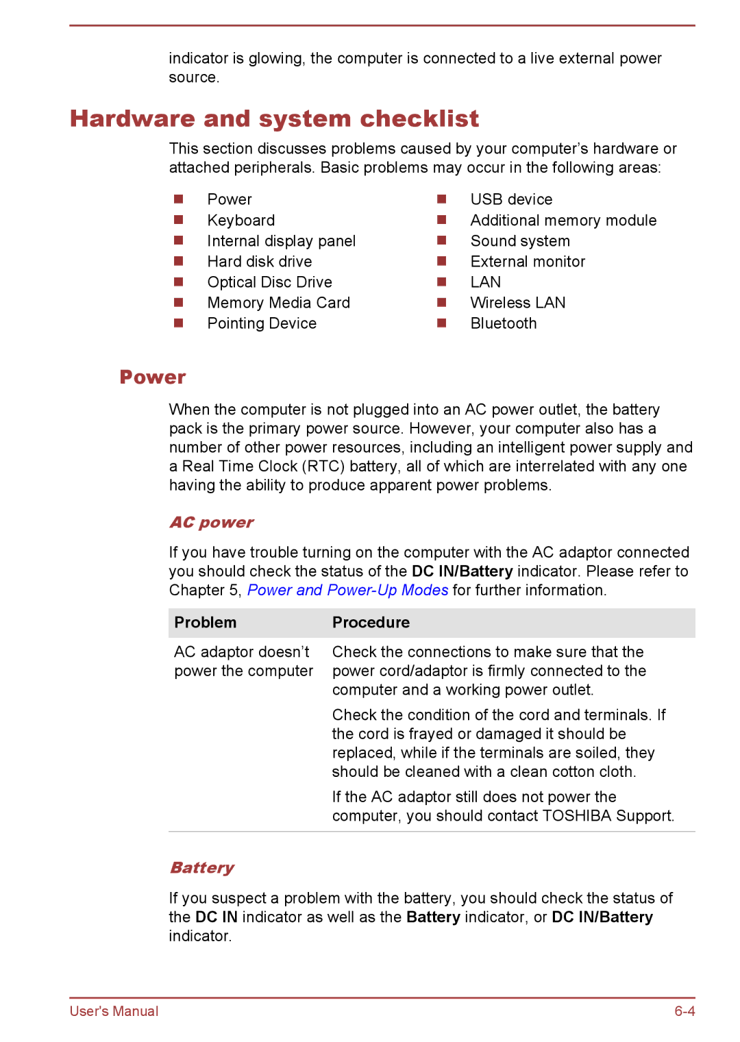 Toshiba C670, Pro C470D, Pro L770D, Pro L775D Hardware and system checklist, Power, AC power, Problem Procedure, Battery 