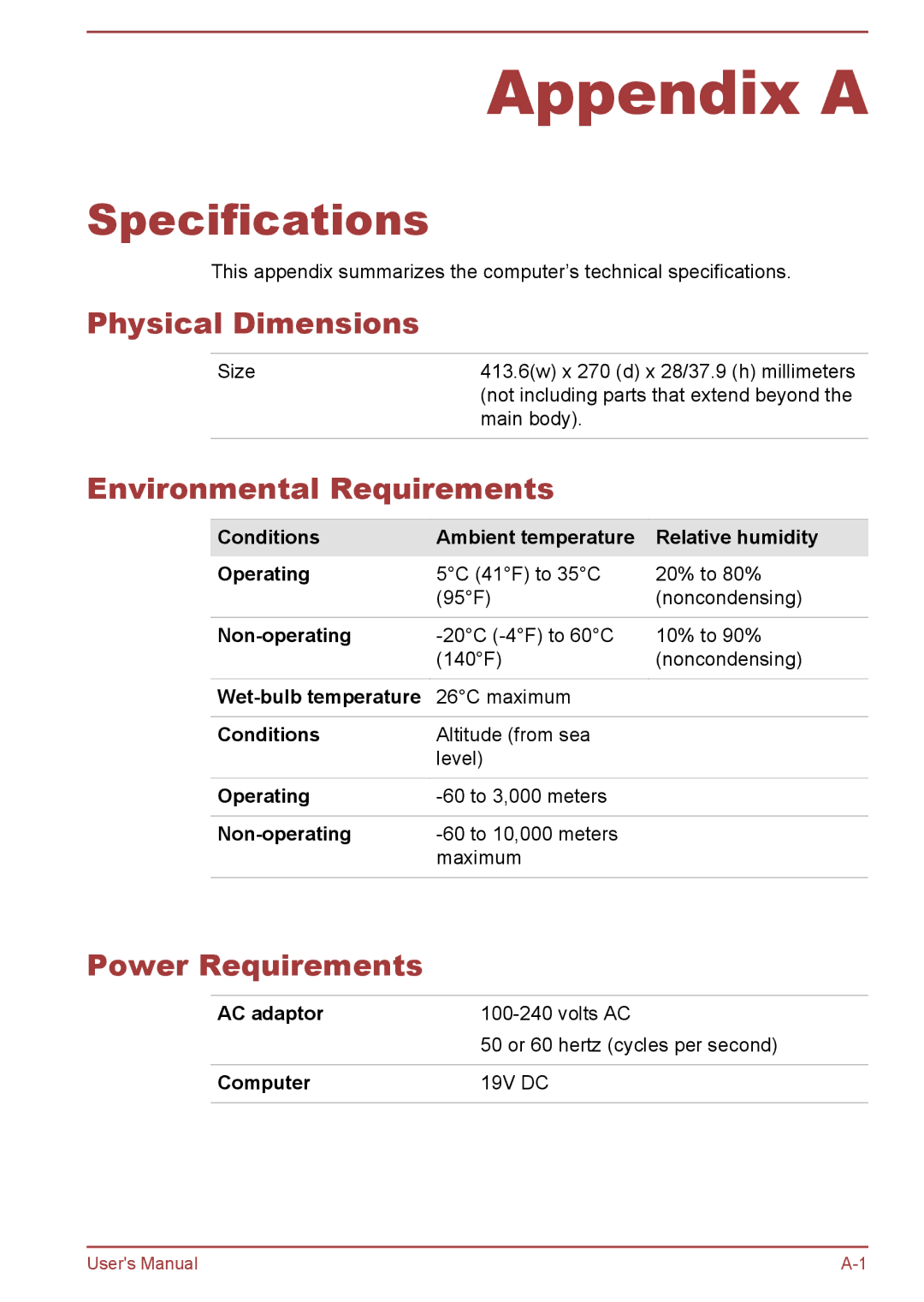 Toshiba Pro C470D, Pro L770D, L775D Specifications, Physical Dimensions, Environmental Requirements, Power Requirements 