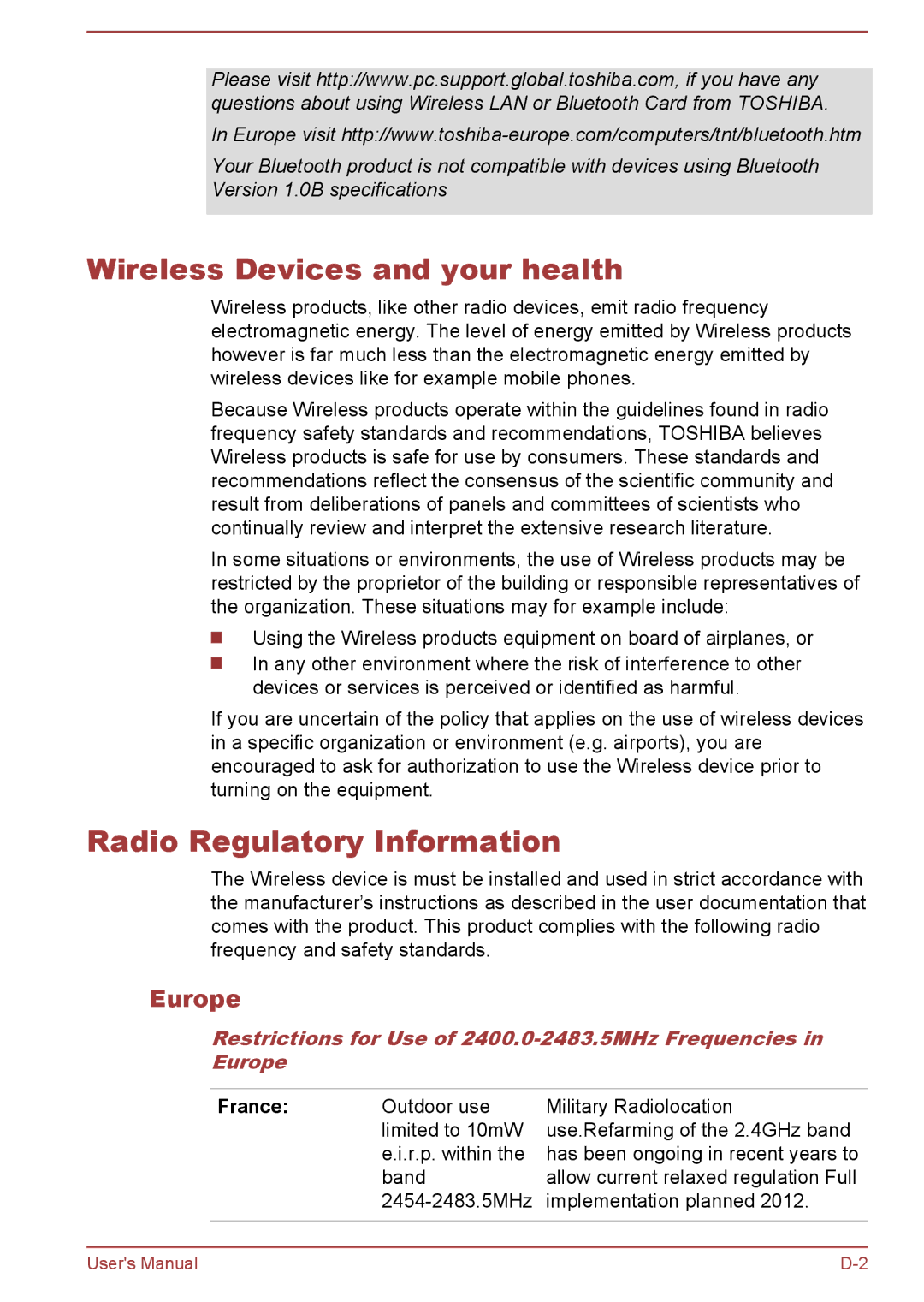 Toshiba Pro C470D, Pro L770D, Pro L775D, Pro C670 Wireless Devices and your health, Radio Regulatory Information, Europe 