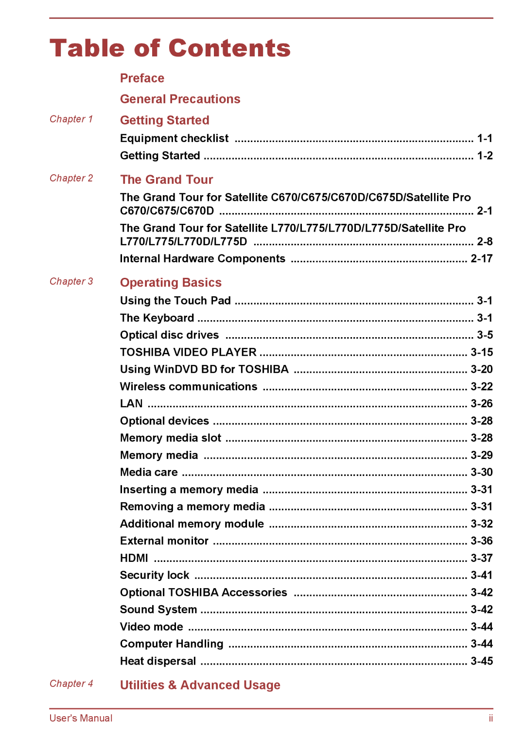 Toshiba Pro L775D, Pro C470D, Pro L770D, Pro C670, Pro C676, C675D, C670D user manual Table of Contents 