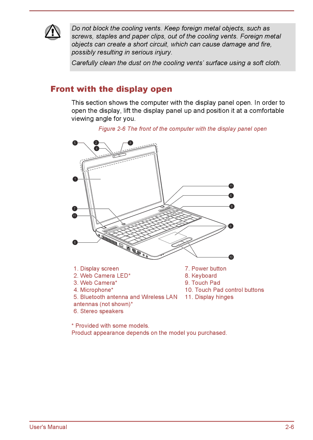 Toshiba Pro L775D, Pro C470D, Pro L770D, C670 Front with the display open, Front of the computer with the display panel open 