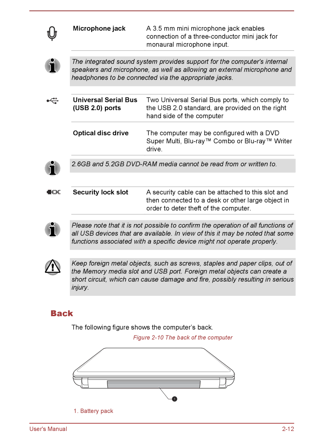 Toshiba Pro C470D, Pro L770D, Pro L775D, Pro C670, Pro C676, C675D, C670D user manual The back of the computer 