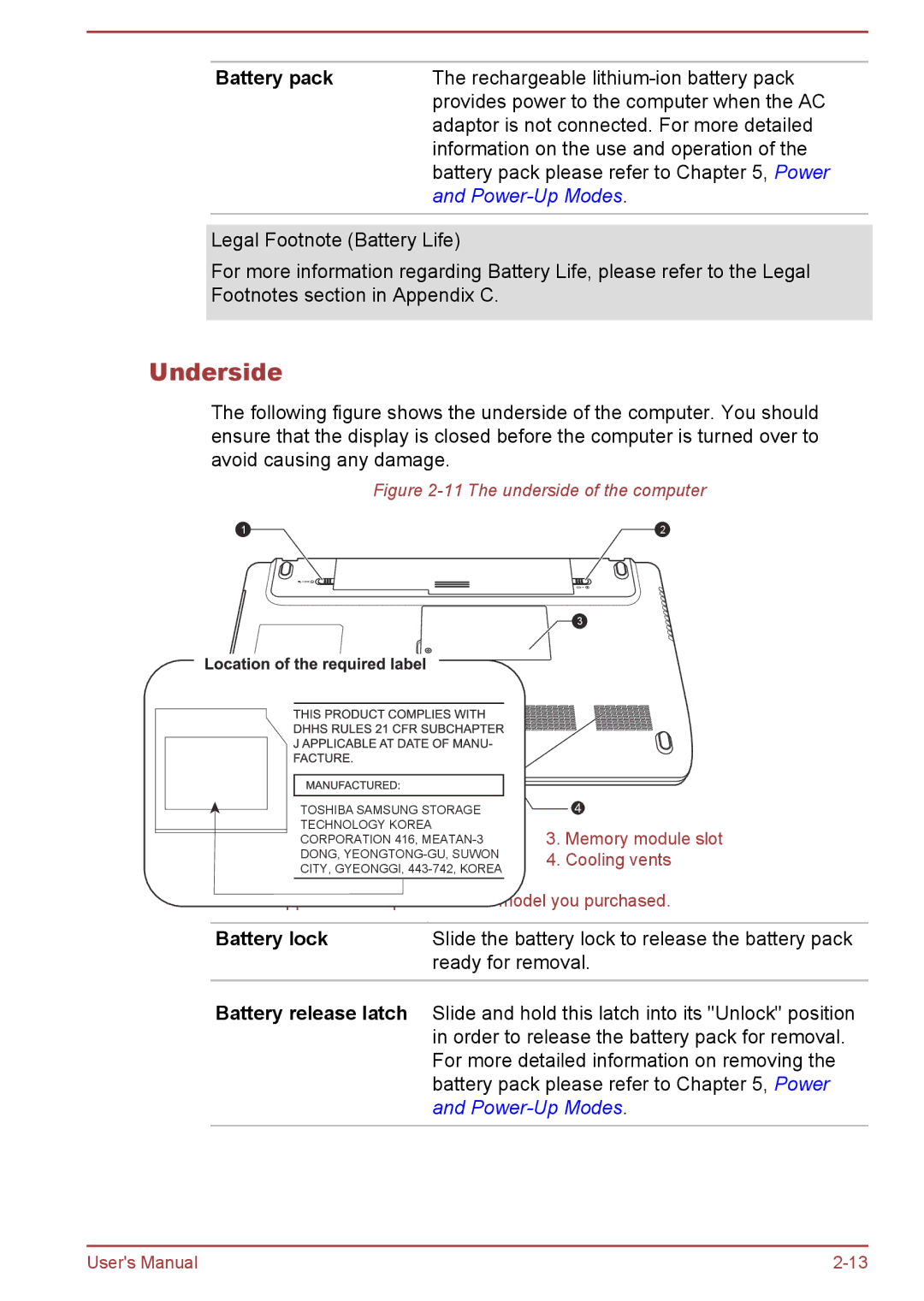 Toshiba Pro C470D, Pro L770D, Pro L775D, Pro C670, Pro C676, C675D, C670D user manual The underside of the computer 