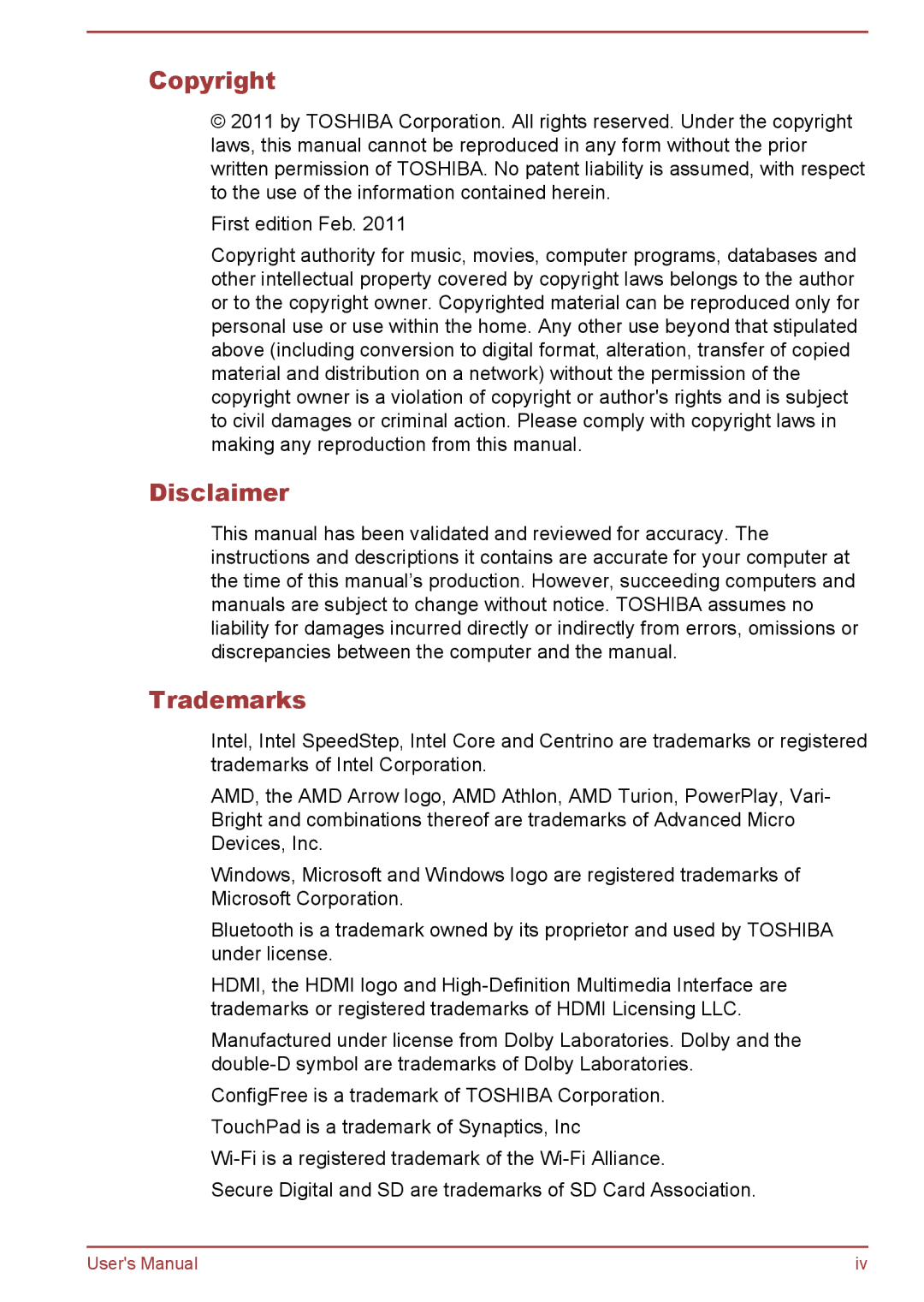 Toshiba Pro C470D, Pro L770D, Pro L775D, Pro C670, Pro C676, C675D, C670D user manual Copyright, Disclaimer, Trademarks 