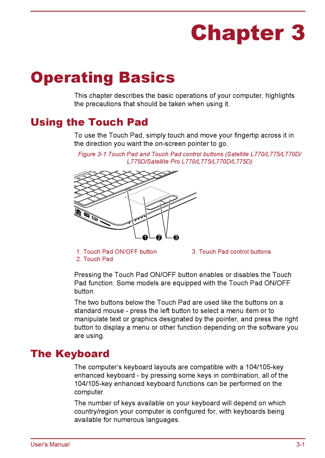 Toshiba Pro L775D, Pro C470D, Pro L770D, Pro C670, Pro C676, C675D, C670D Operating Basics, Using the Touch Pad, Keyboard 