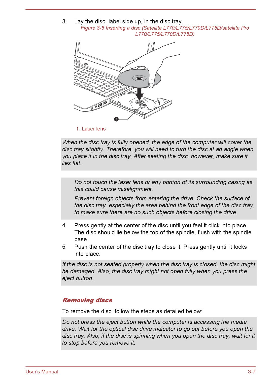 Toshiba Pro C470D, Pro L770D, Pro L775D, Pro C670, Pro C676, C675D, C670D user manual Removing discs 